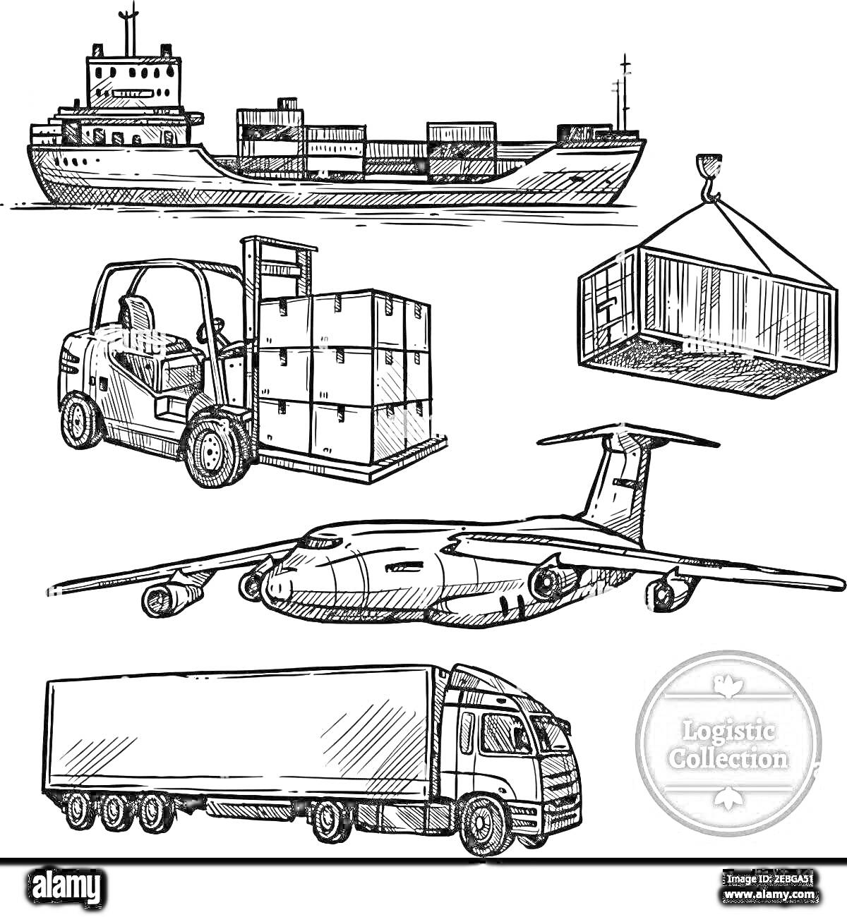 Раскраска контейнеровоз, штабелер с паллетами, самолёт, подвешенный контейнер, грузовик с контейнером