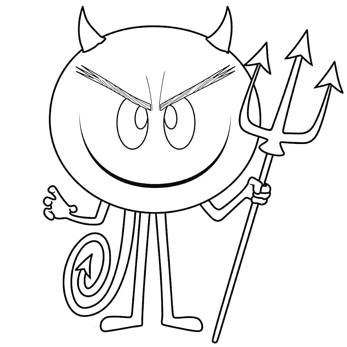 Раскраска Эмоджи-дьявол, улыбающийся с трезубцем в руке и хвостом в виде спирали
