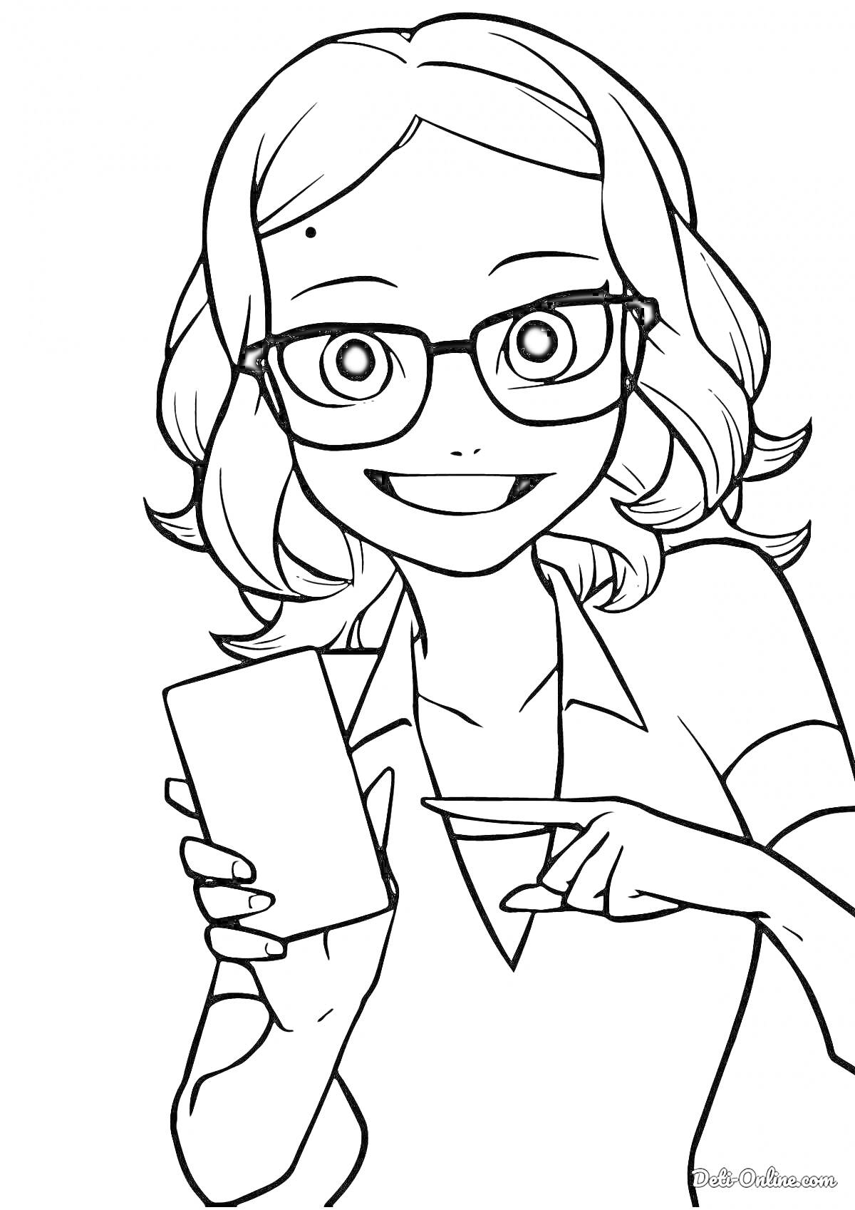 Раскраска Девочка в очках показывает планшет и улыбается