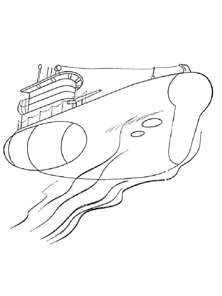 Подводная лодка с иллюминаторами и антенной, плывущая под водой