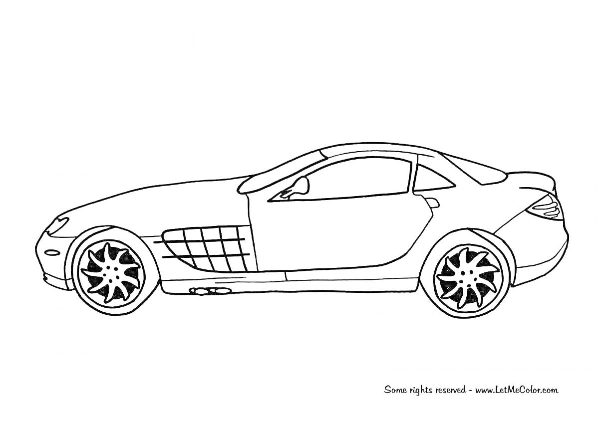 На раскраске изображено: Гоночный автомобиль, Мерседес, Спортивный автомобиль, Колёса, Аэродинамика, Диски, Дверь, Капот