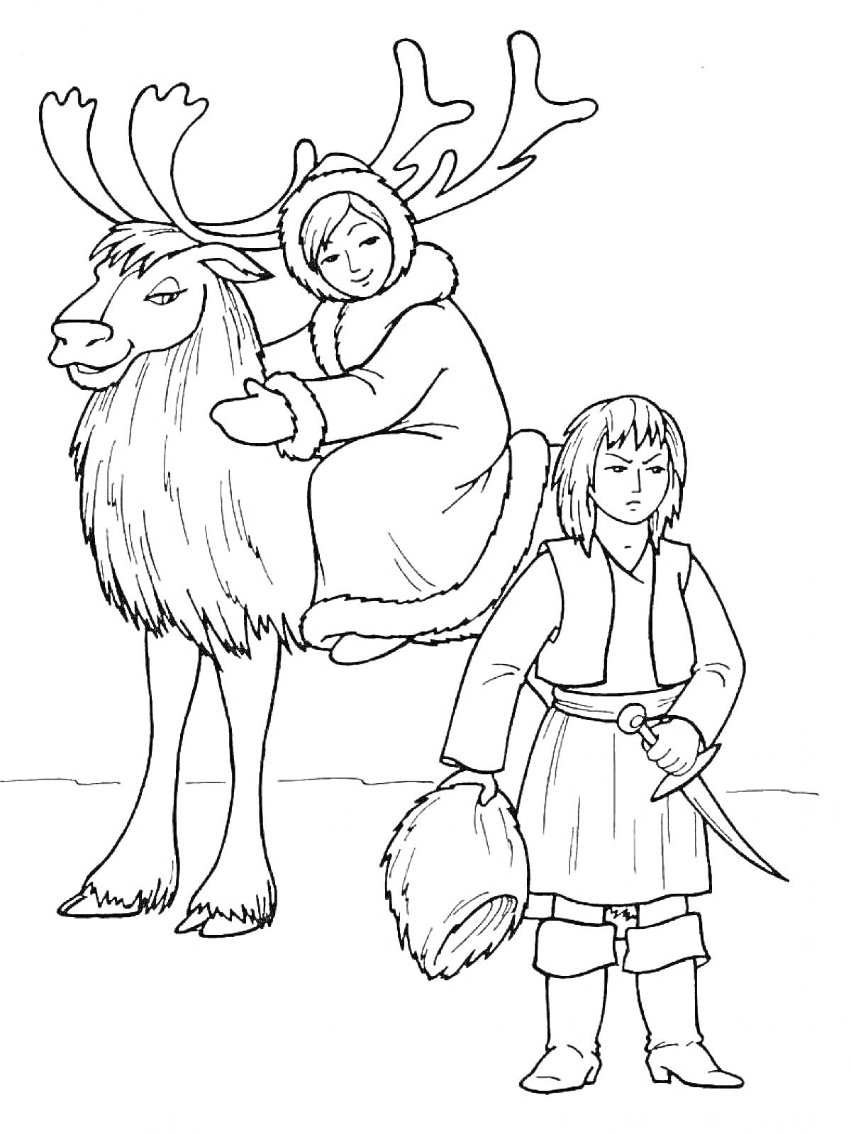 Раскраска Девочка на олене и мальчик с ножом - герои сказки 