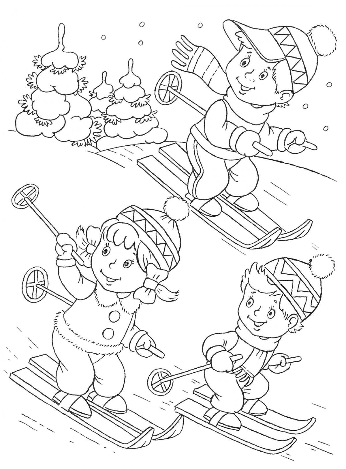 Раскраска Дети катаются на лыжах зимой рядом с лесом