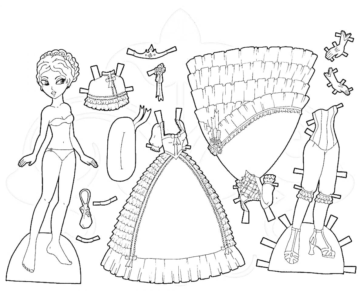 Раскраска Бумажная кукла с нарядом в стиле 18 века - нижнее белье, корсет, нижняя юбка, верхняя юбка, головной убор, обувь, аксессуары