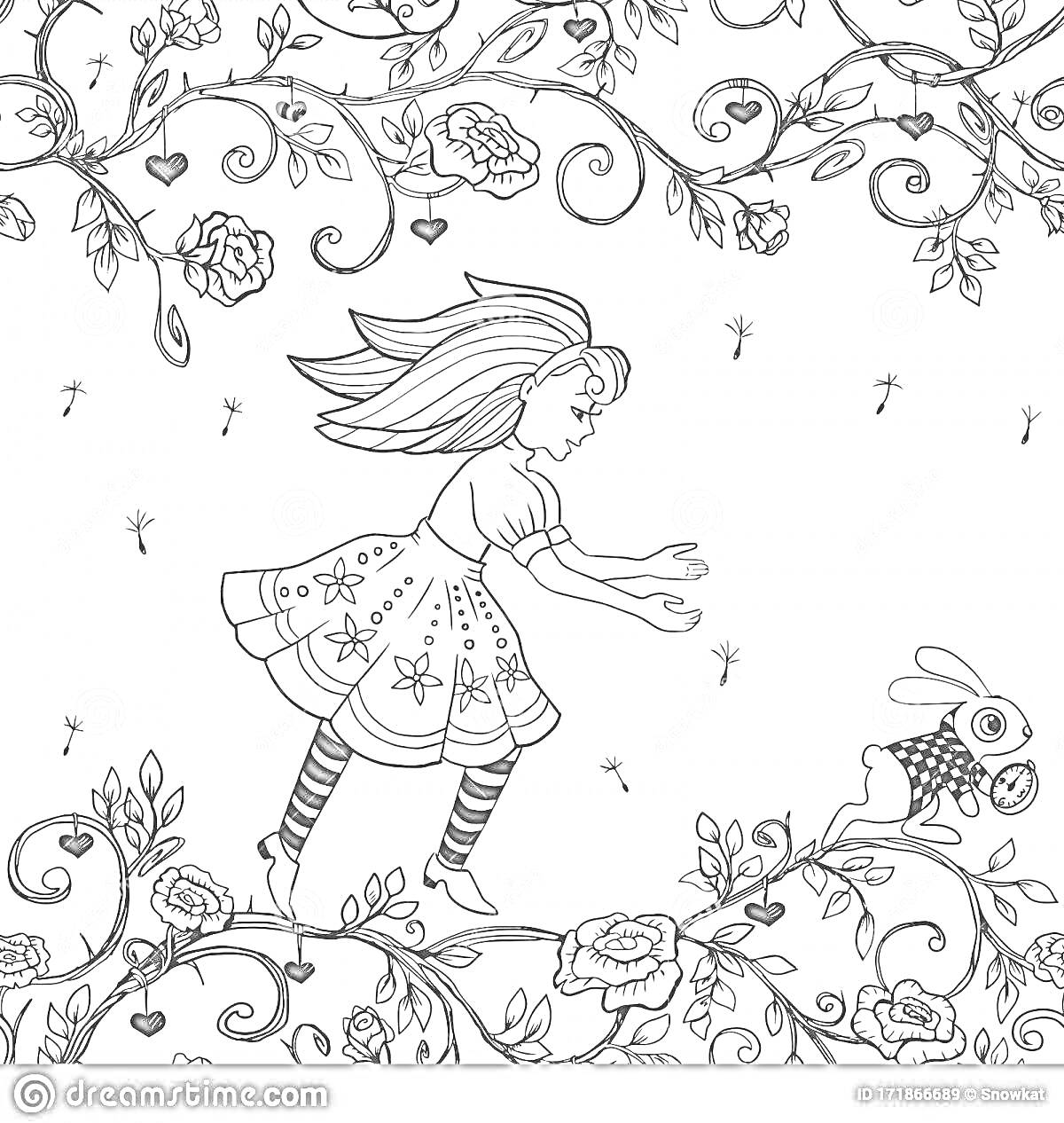 На раскраске изображено: Девочка, Кролик, Сад, Цветы, Из сказок, Волшебство, Цветочные узоры, Природа, Ветка
