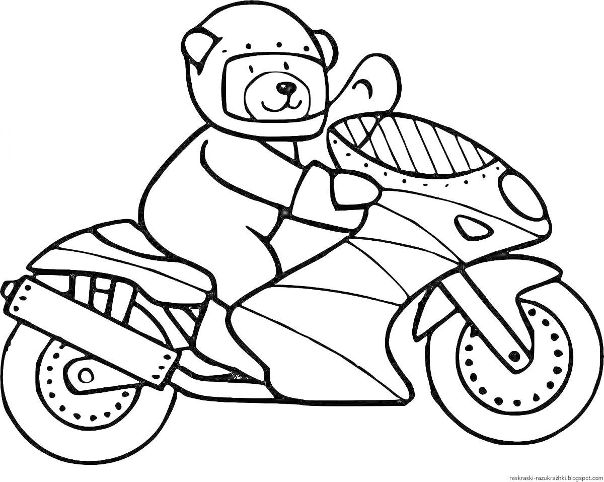 На раскраске изображено: Мотоцикл, Транспорт, Для детей, Для мальчиков, Медведь, Шлемы, 5 лет