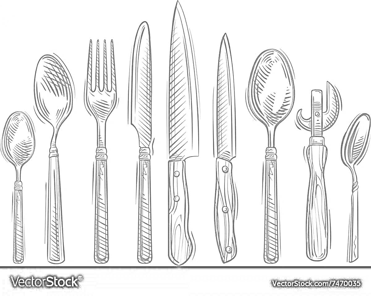 Раскраска Набор столовых приборов (две маленькие ложки, столовая ложка, вилка, нож для сыра, кухонный нож, столовая ложка, вилка для сыра, ложка для десертов, открывалка)