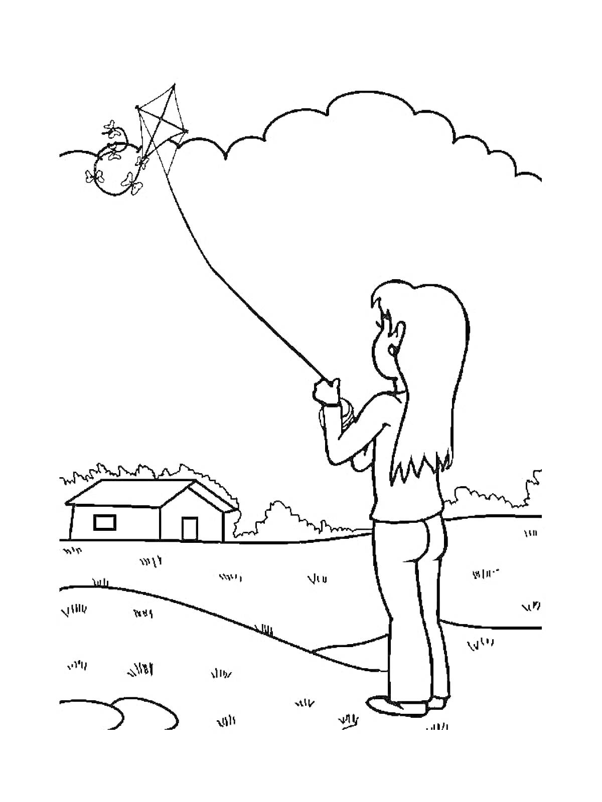 Раскраска Девочка запускает воздушного змея на фоне дома и деревьев