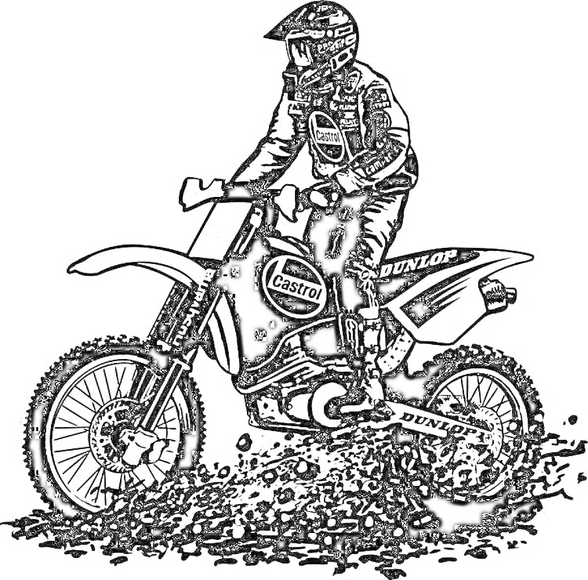 Раскраска Мотоциклист на кроссовом мотоцикле в экипировке с шлемом, ездящий по грязи, с логотипами 