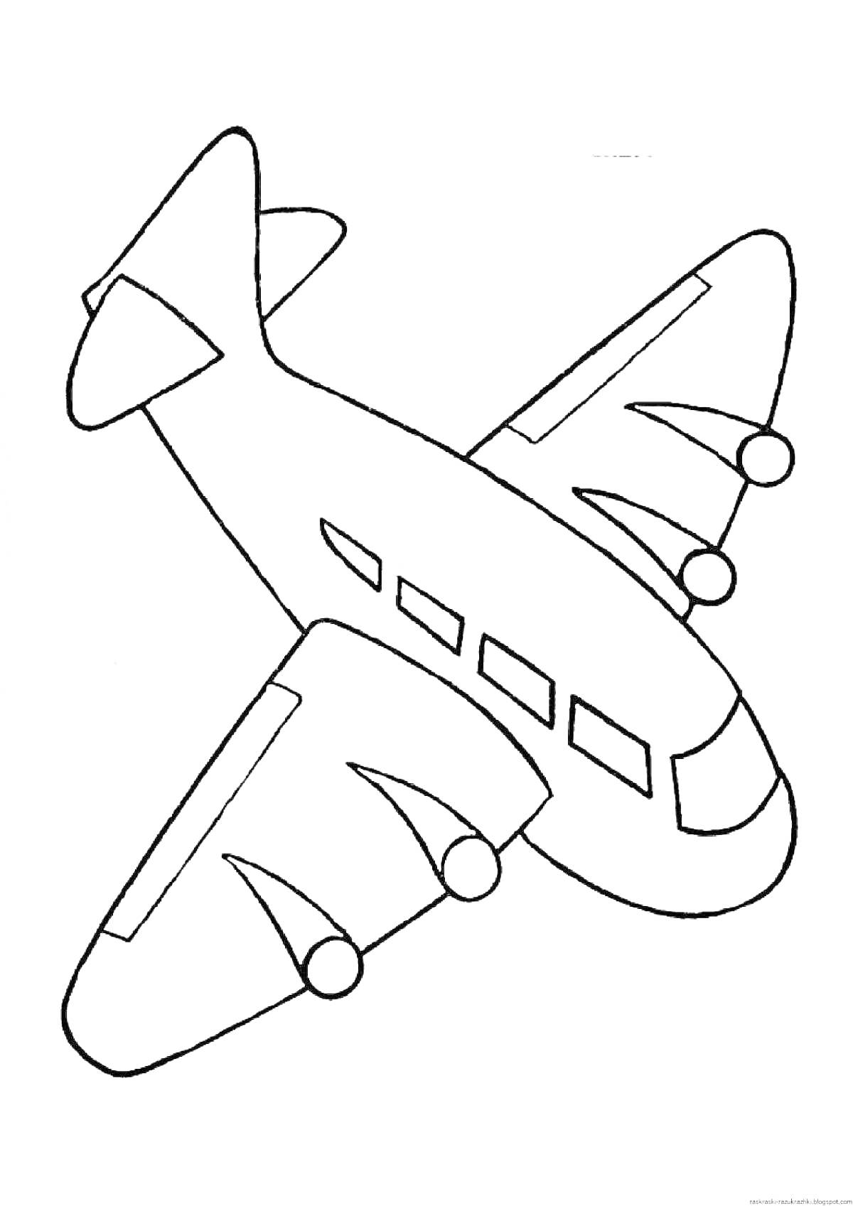 Раскраска Самолет с иллюминаторами и двигателями на крыльях