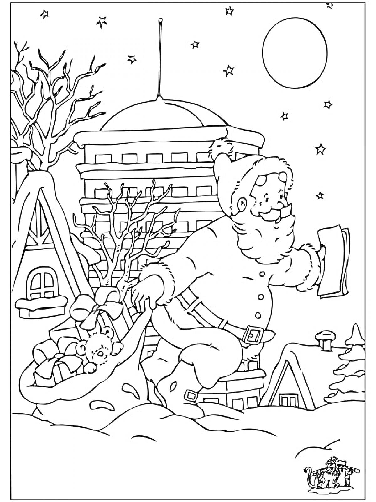 На раскраске изображено: Подарки, Крыша, Снег, Звезды, Луна, Дом, Зима, Рождество, Санта Клаус, Елки, Игрушки, Праздники