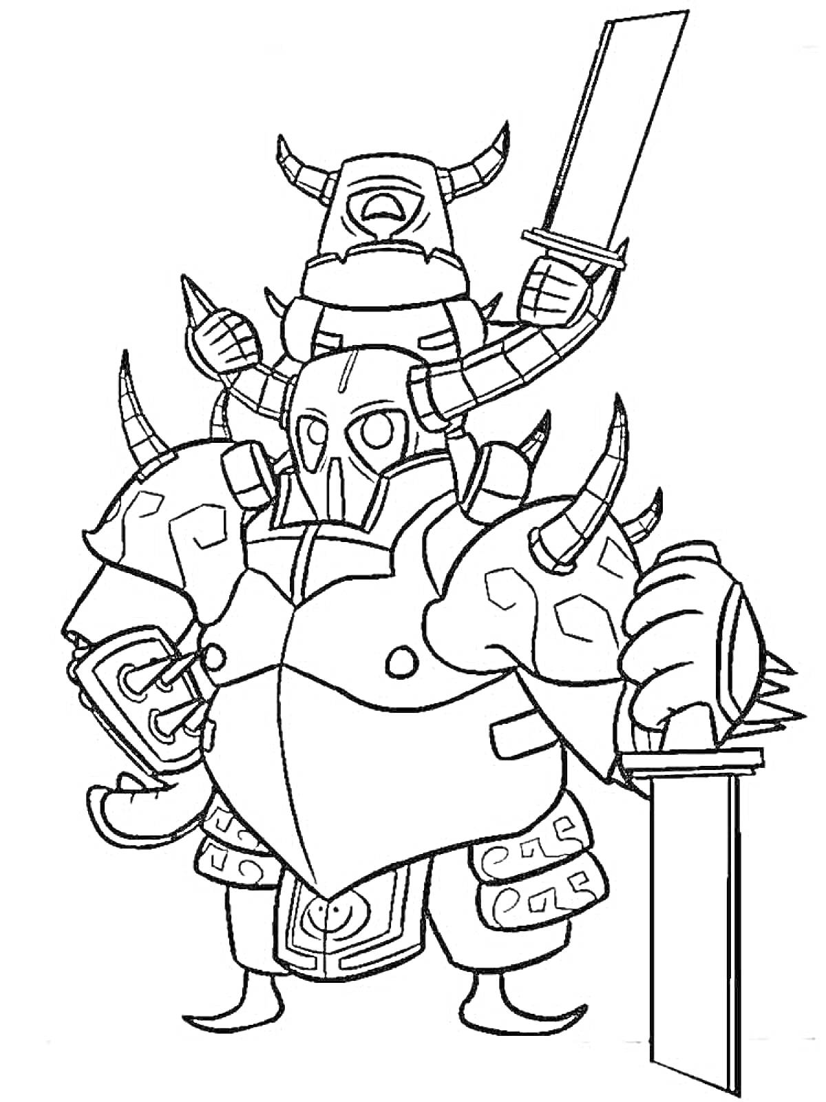 Раскраска Воин с большим мечом в шлеме с рогами и щитом