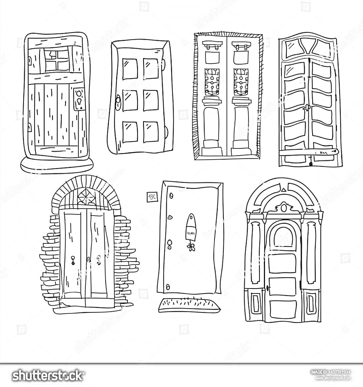 Раскраска Ручные наброски различных дверей, включающие детализированные деревянные двери, кованные двери и дверные проемы с арками