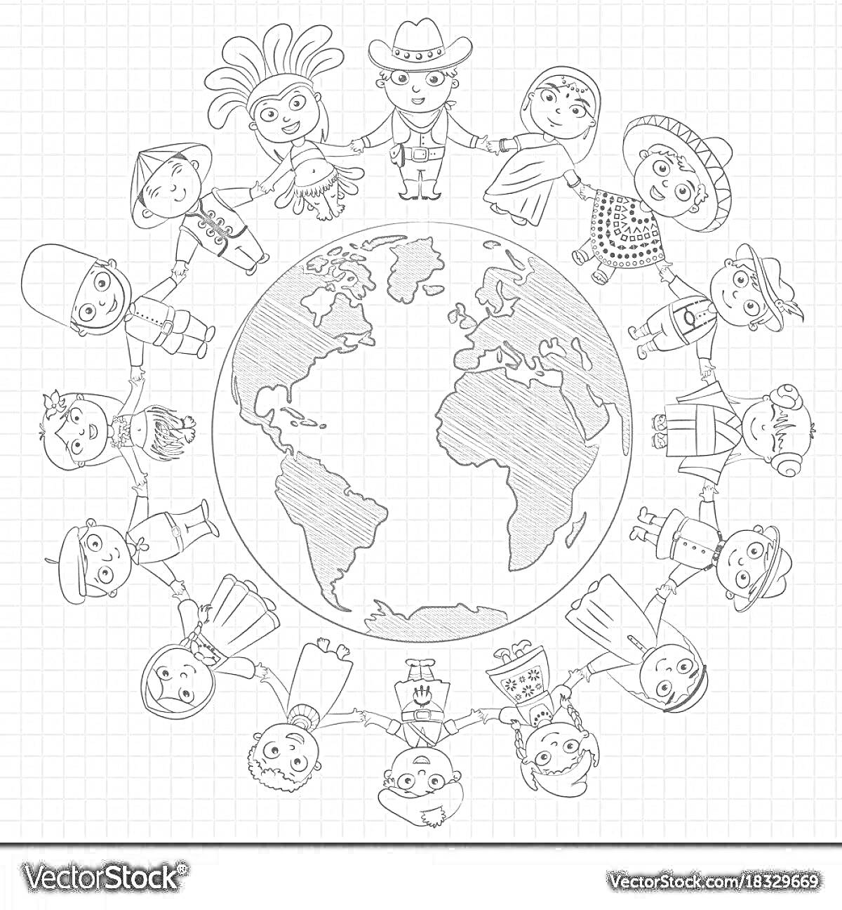 Раскраска Дети разных национальностей в традиционных костюмах держатся за руки вокруг земного шара