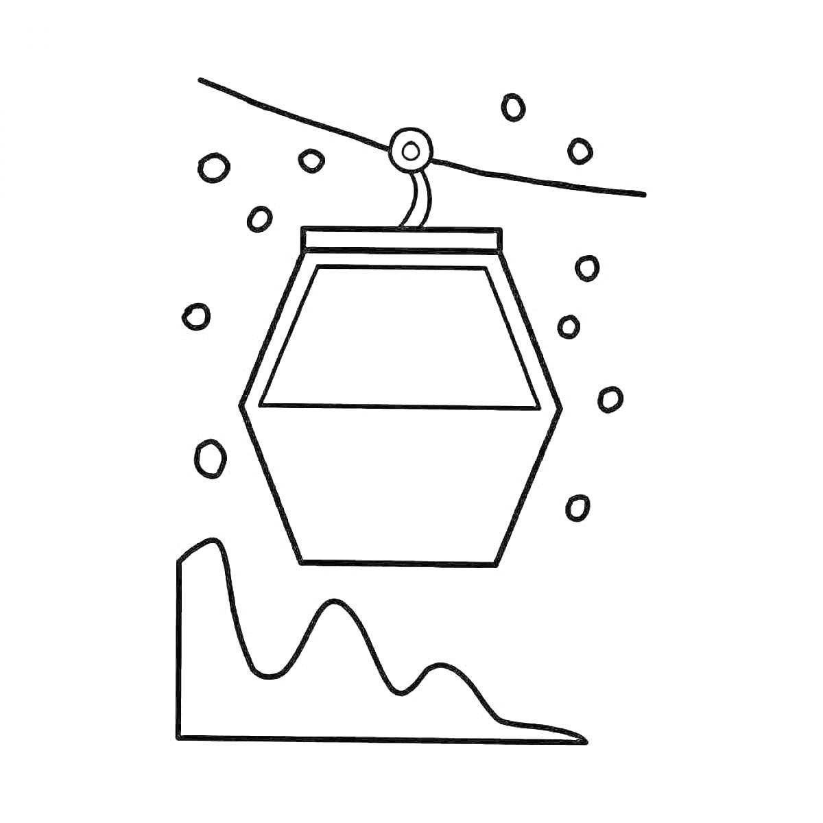 Раскраска Канатная дорога с кабинкой, снежинками и горой