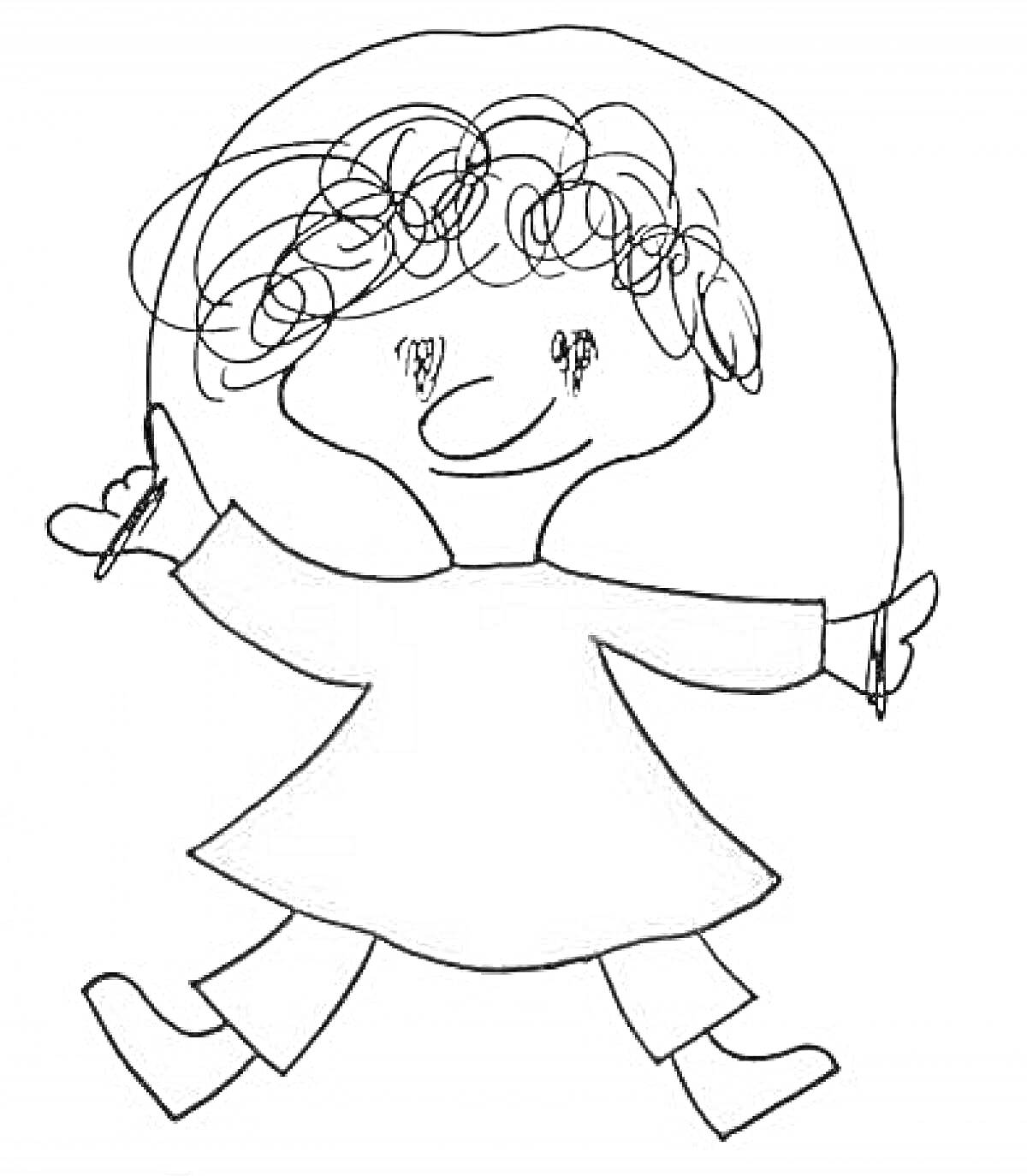 Раскраска Ребенок в красном платье с кудрявыми волосами держит веревку