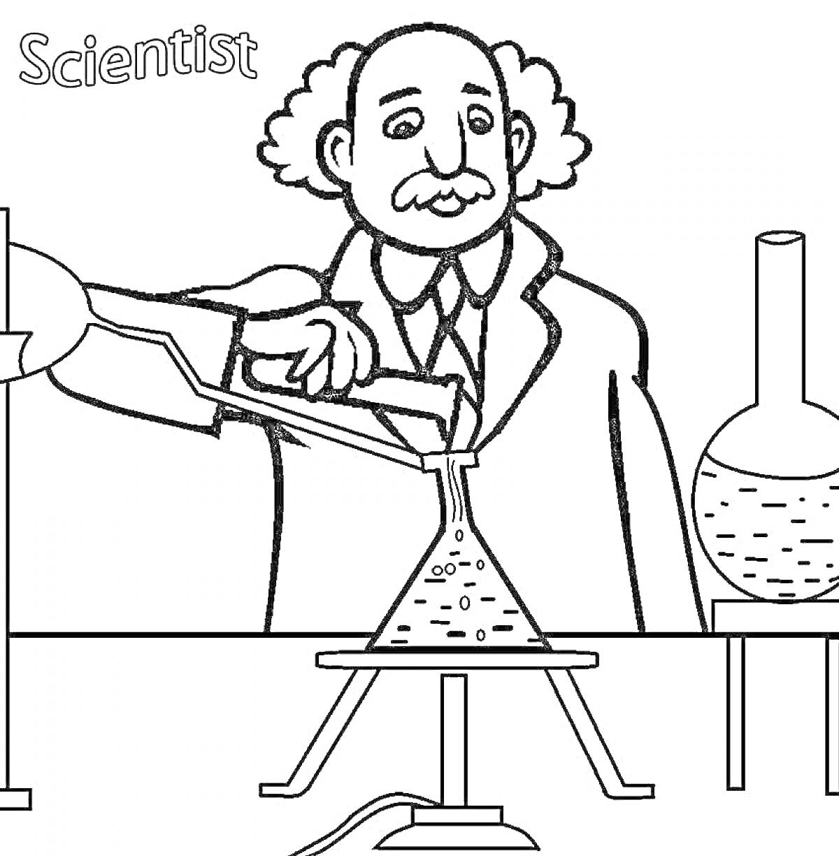 Раскраска Ученый за лабораторным столом, работающий с пробирками и колбой