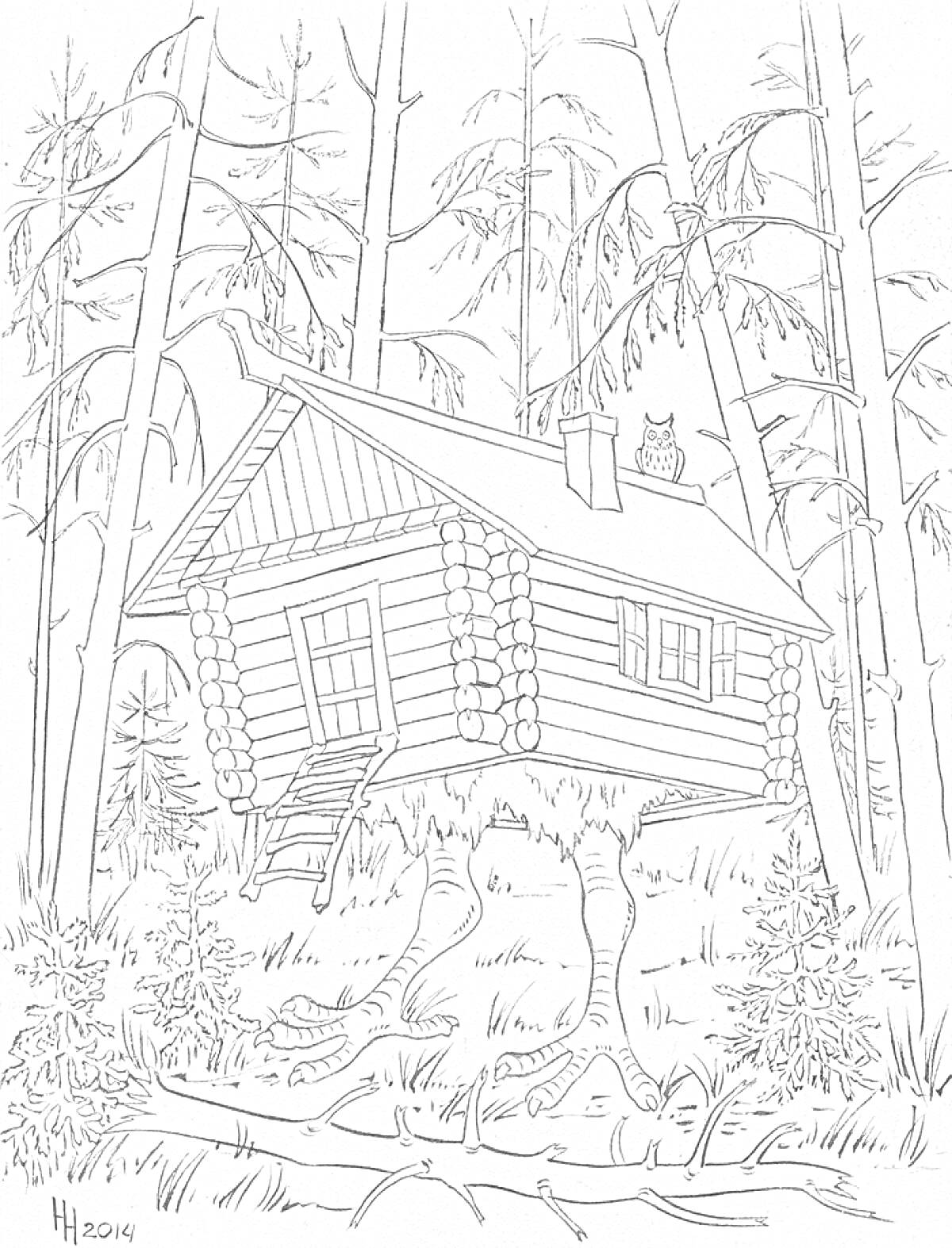 Раскраска Избушка на курьих ножках в лесу с деревьями, совой на крыше и кустами вокруг