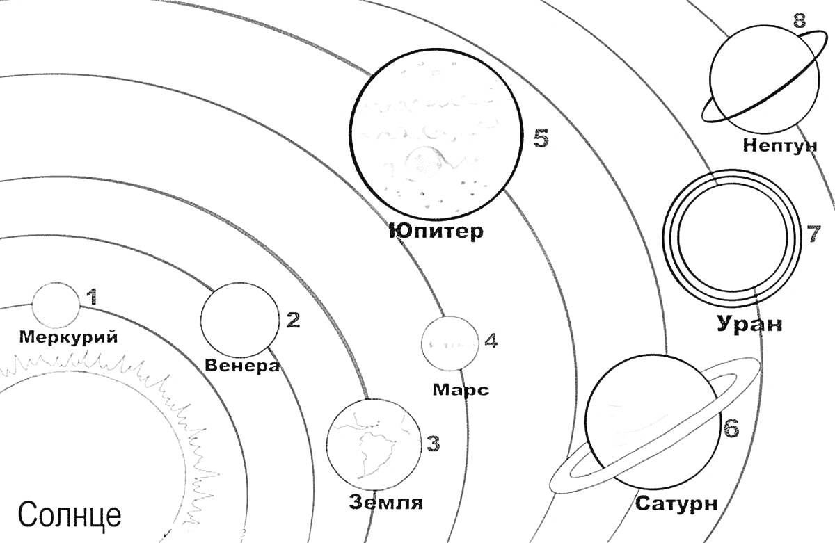 Раскраска Солнечная система с названиями планет Элементы: Солнце, Меркурий (1), Венера (2), Земля (3), Марс (4), Юпитер (5), Сатурн (6), Уран (7), Нептун (8), орбиты планет.