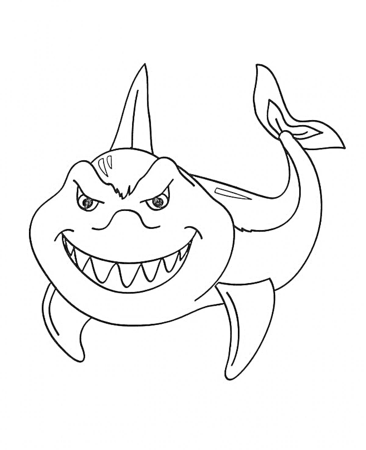 Раскраска агрессивная акула с острыми зубами и плавниками