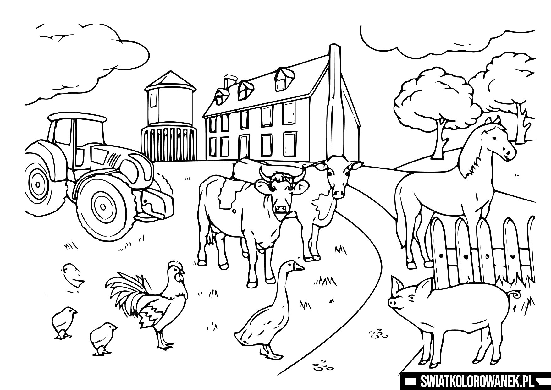 На раскраске изображено: Деревня, Животные, Лошадь, Трактор, Дом, Забор, Трава, Цыплята, Ферма