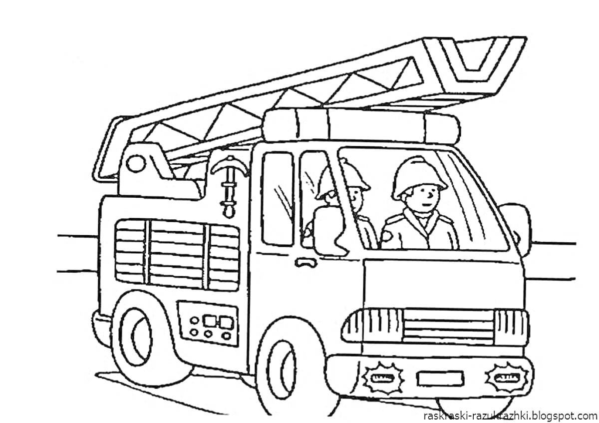 На раскраске изображено: Пожарная машина, Лестница, Пожарные, Транспорт, Для детей, Инструмент, Профессия