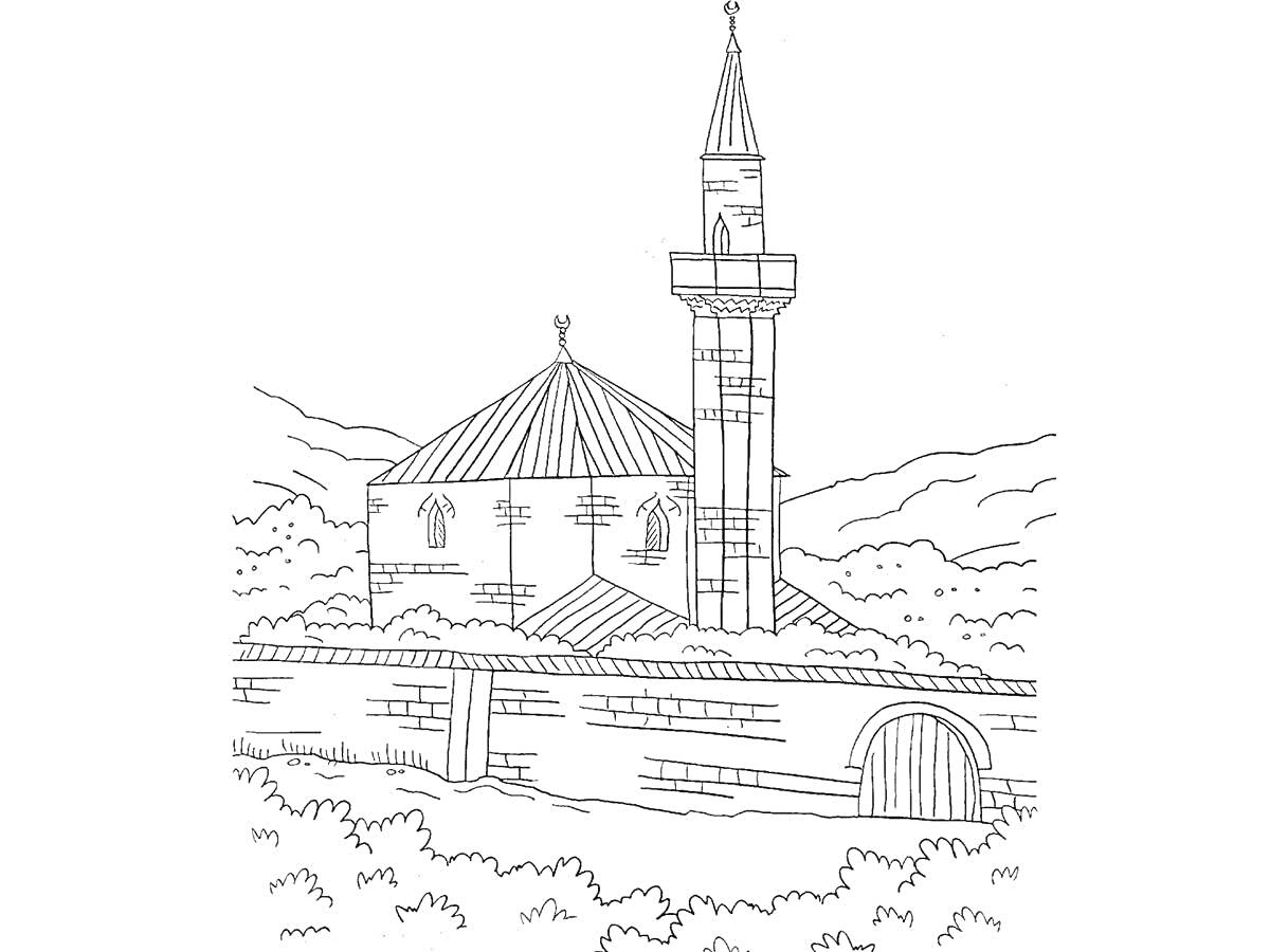 На раскраске изображено: Мечеть, Минарет, Горы, Ландшафт, Архитектура, Религиозное здание, Природа, Стена, Ворота