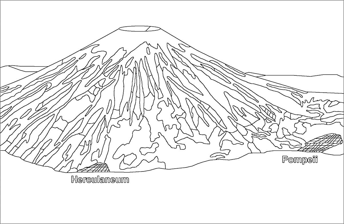 Раскраска Вулкан с названиями Геркуланум и Помпеи