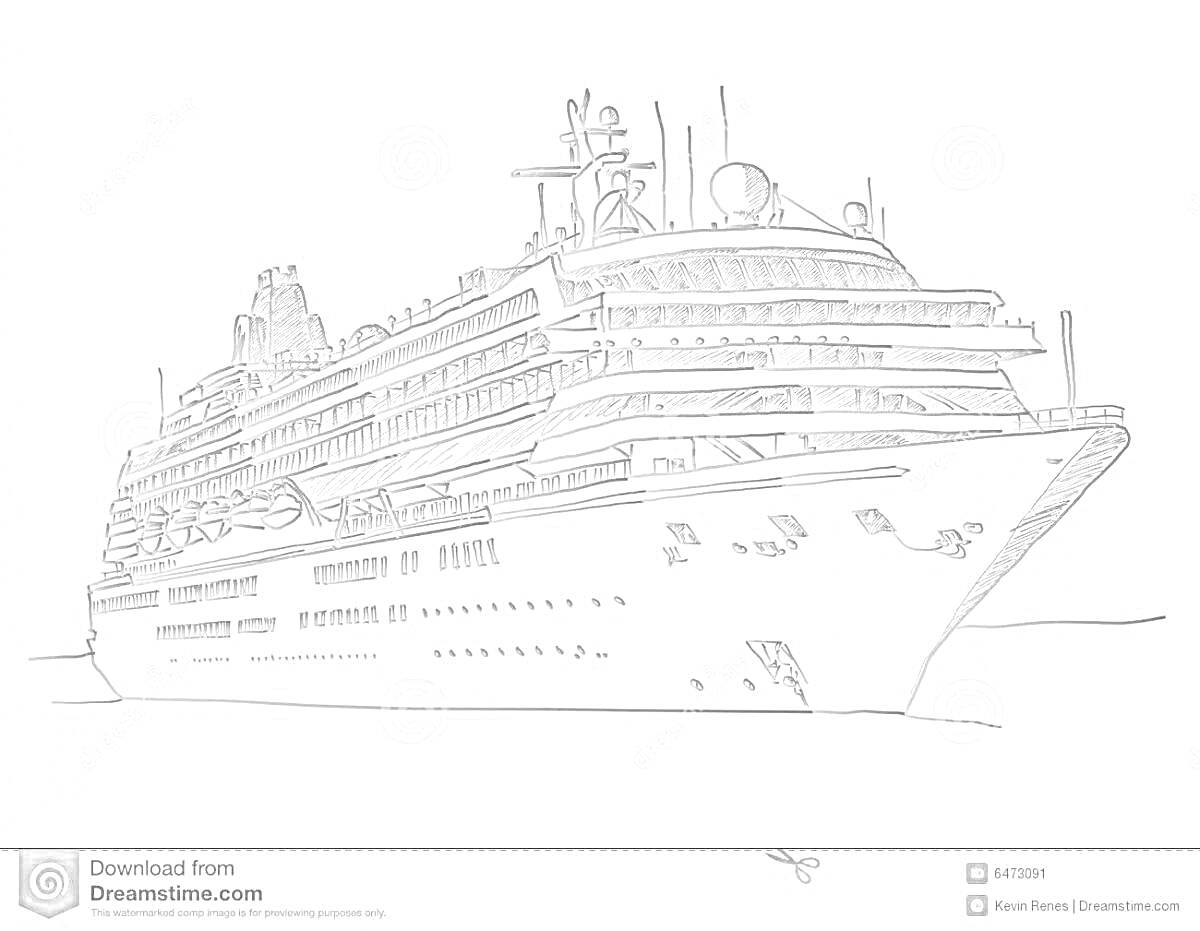 Пассажирский корабль в океане с множеством палуб, антенн и спасательных шлюпок