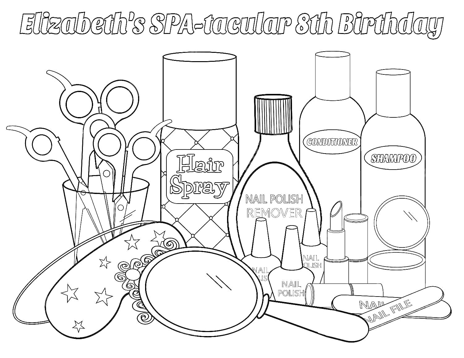 На раскраске изображено: Косметичка, Ножницы, Лак для ногтей, Зеркало, Расческа, Крем, Лак для волос, Уход за собой