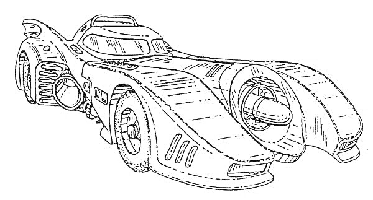 Раскраска Бэтмобиль с аэродинамическим дизайном, вид сбоку