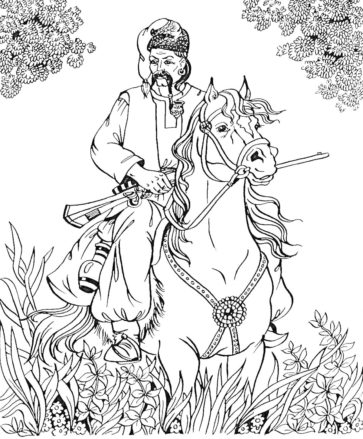 На раскраске изображено: Казак, Лошадь, Ружьё, Оружие, Традиционная одежда, Природа, Деревья, Цветы, Кусты