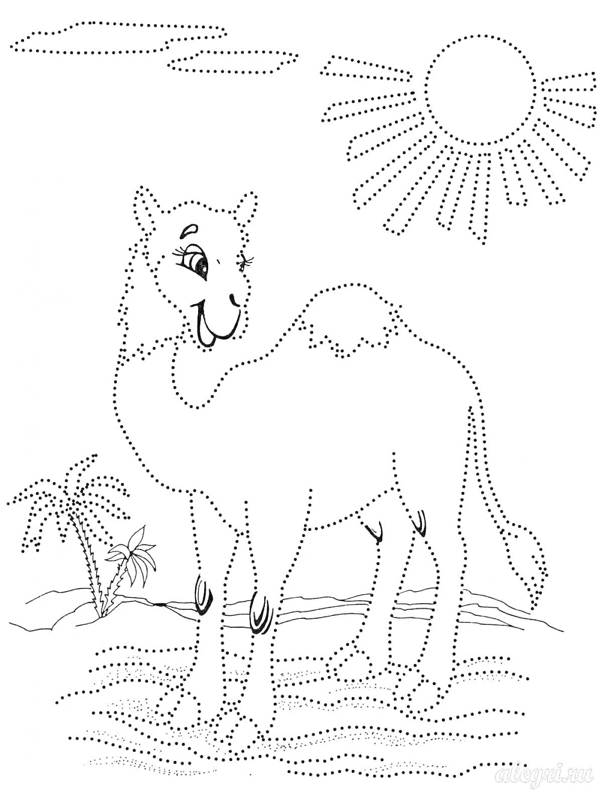 На раскраске изображено: Верблюд, Пустыня, Солнце, Облака, Животные жарких стран