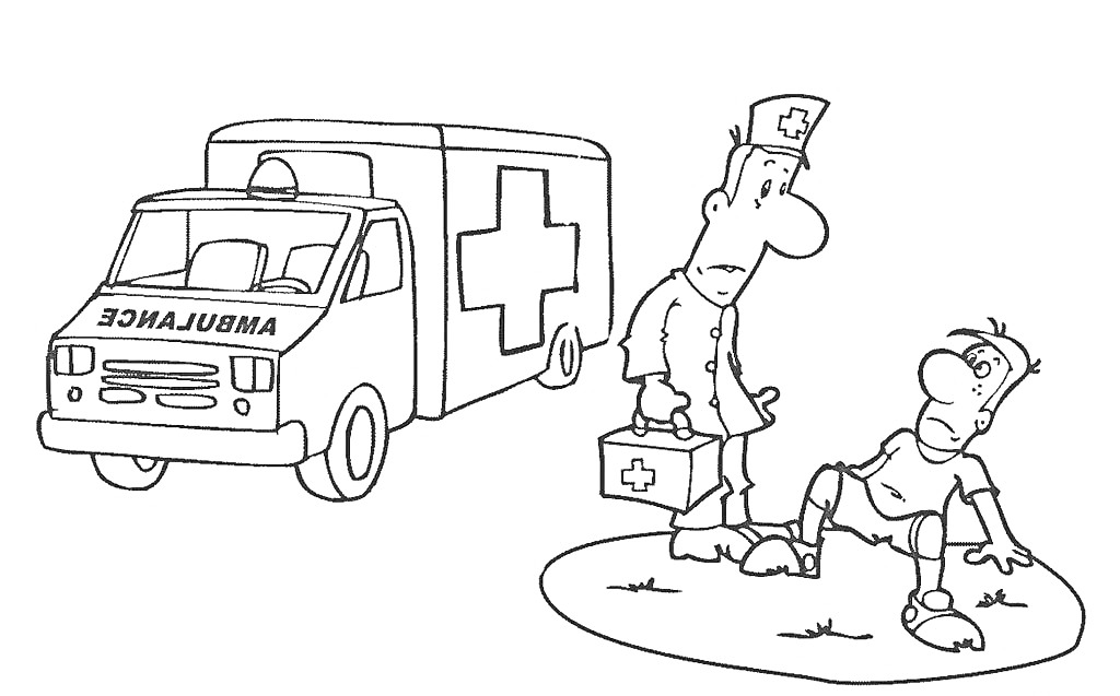 На раскраске изображено: Скорая помощь, Доктор, Медик, Медсестра, Медицинская помощь, Медицина, Помощь, Машины
