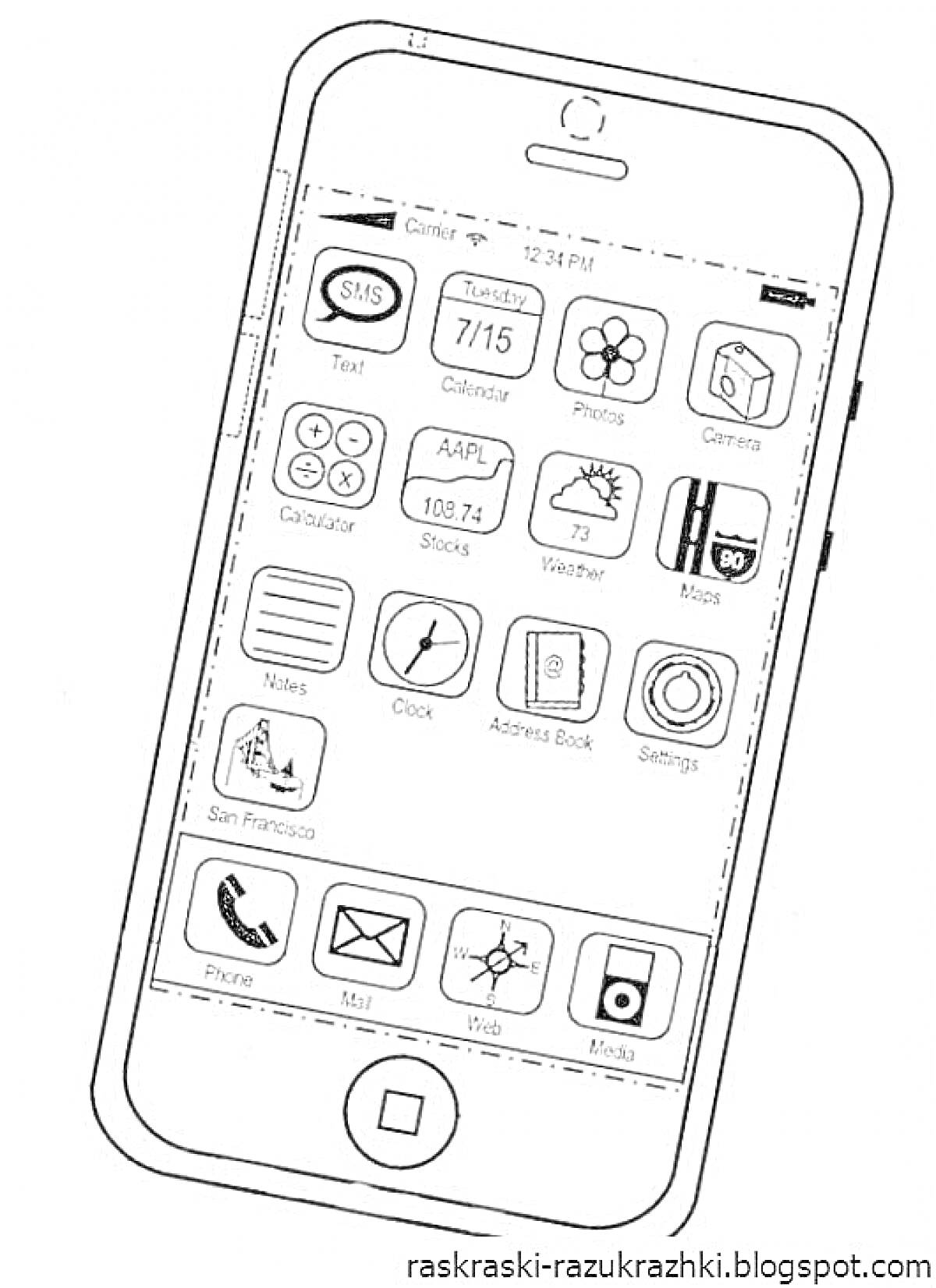 Телефон с иконками приложений (SMS, Text, Calendar, Photos, Camera, Calculator, Stocks, Weather, Maps, Notes, Clock, Address Book, Settings, San Francisco, Mail, Web, Media, Phone)