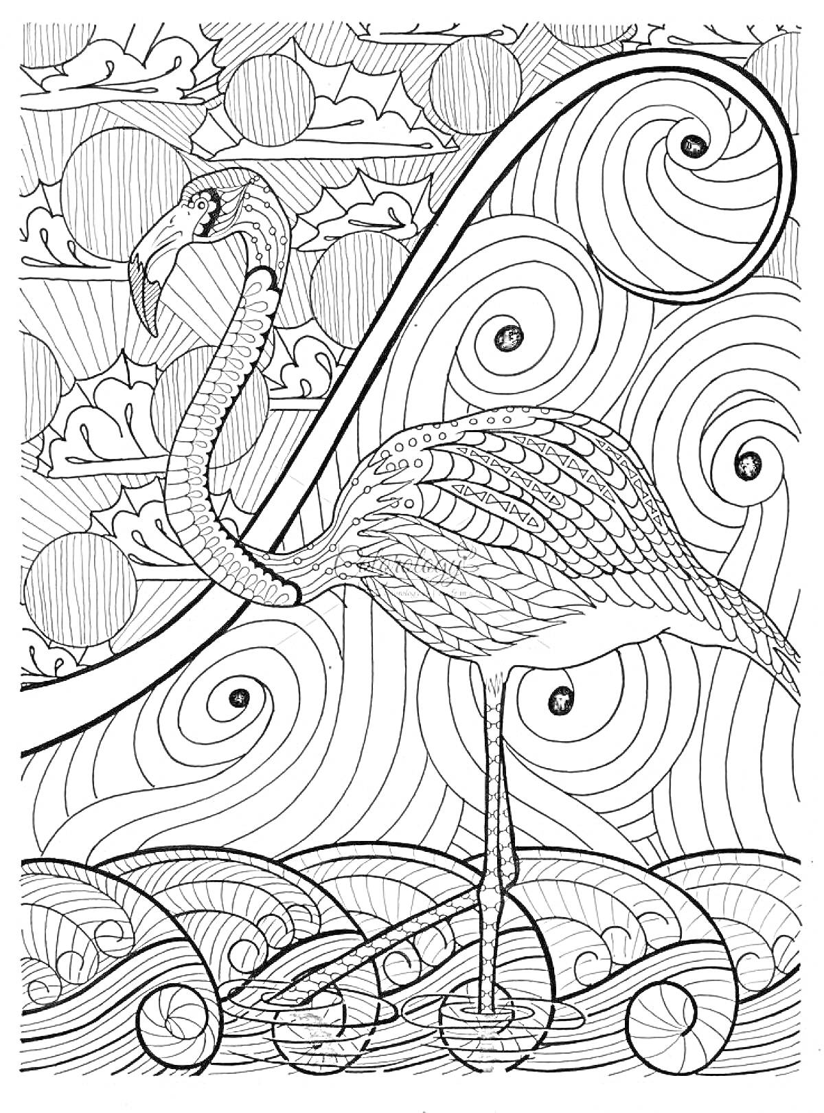 Раскраска Антистресс фламинго с узорами, кругами, волнистыми линиями и облаками