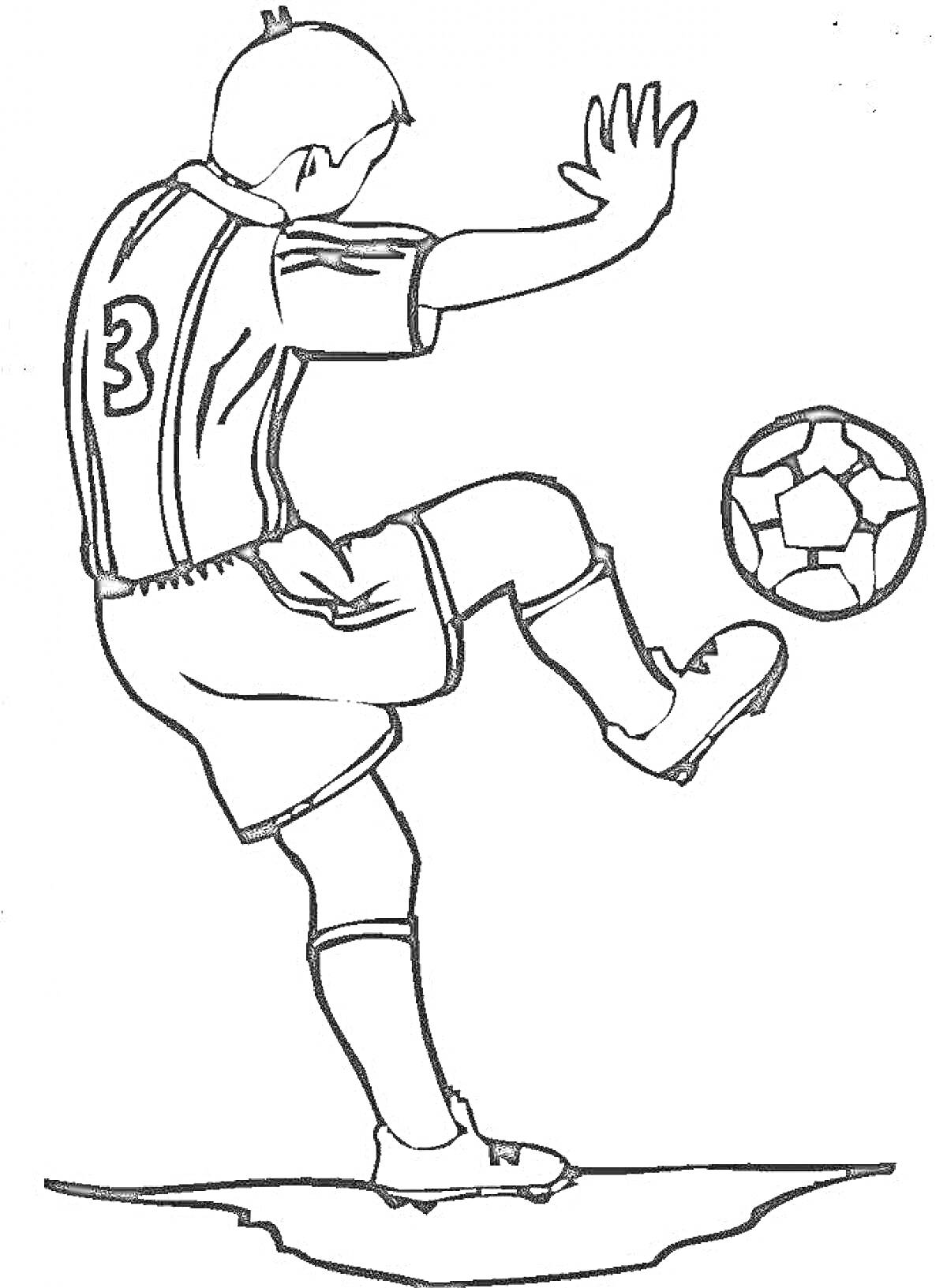 На раскраске изображено: Футболист, Футбол, Спорт, Игра, Номер 3, Футбольная форма, Поле, Активность