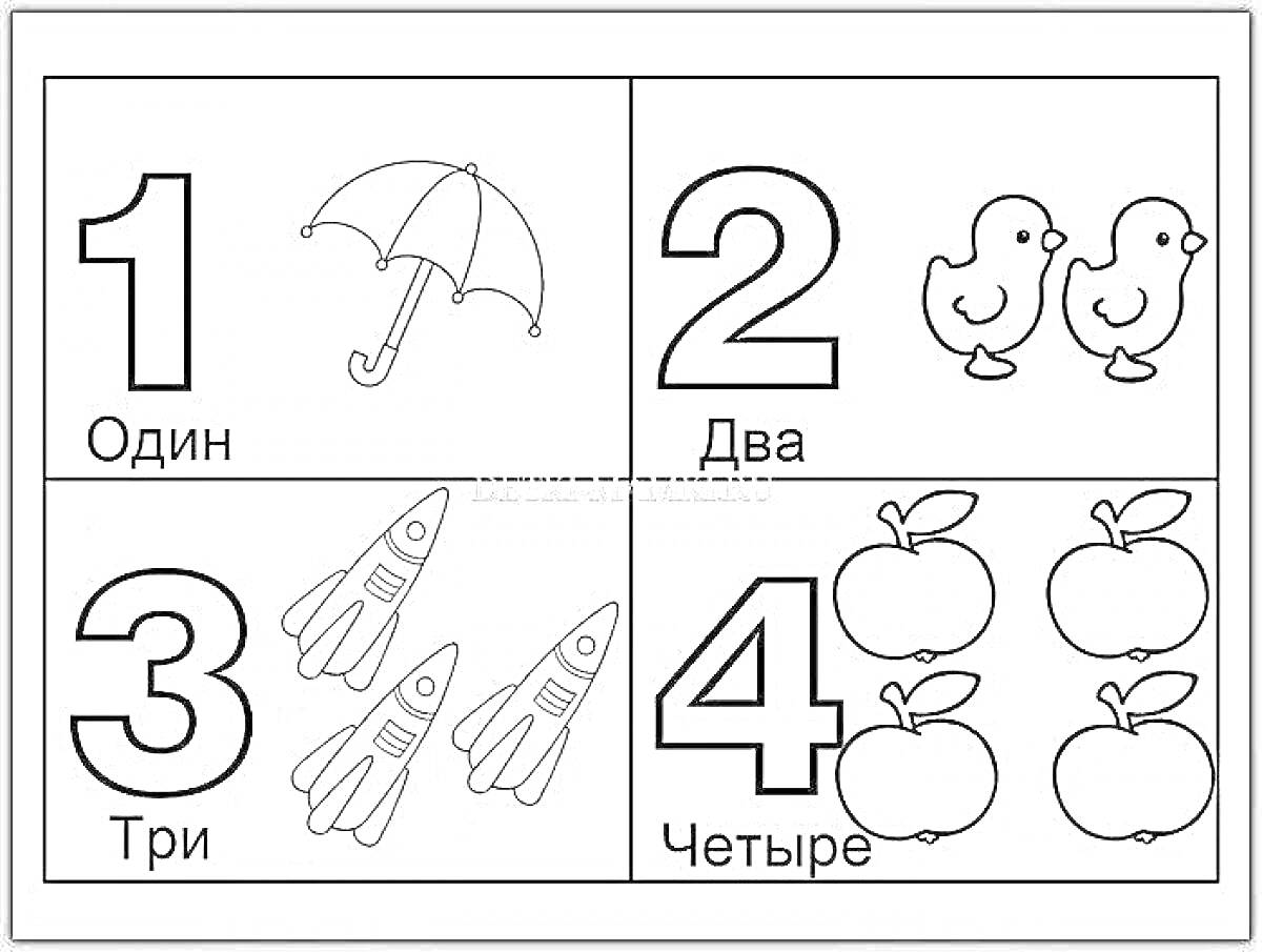 Раскраска Четыре карточки для счета: один зонт, два цыпленка, три ракеты, четыре яблока