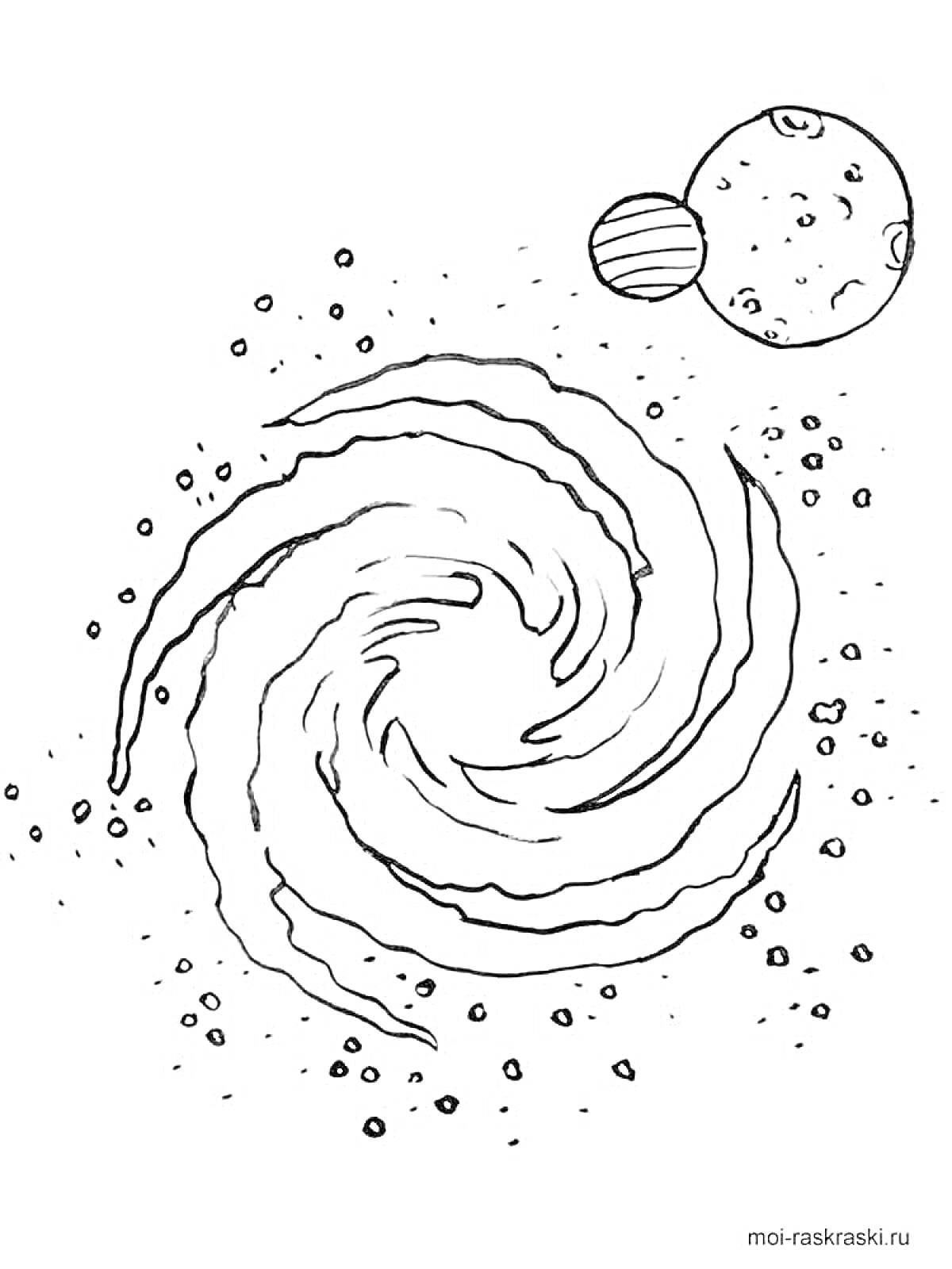 Раскраска Галактика и две планеты с кратерами
