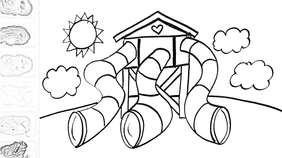 На раскраске изображено: Горка, Трубка, Домик, Солнце, Облака, Для детей