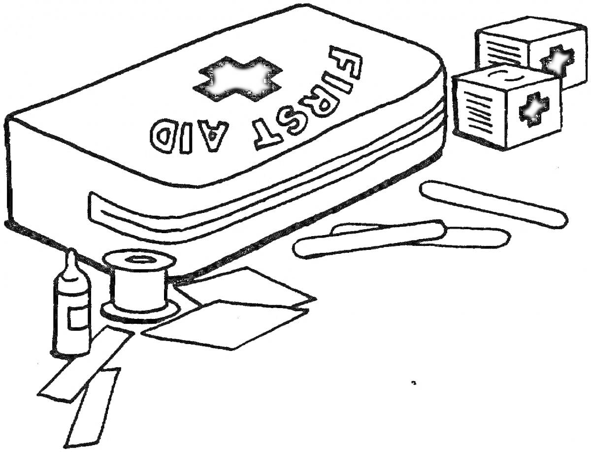 На раскраске изображено: Аптечка, Первая помощь, Медицина, Здоровье