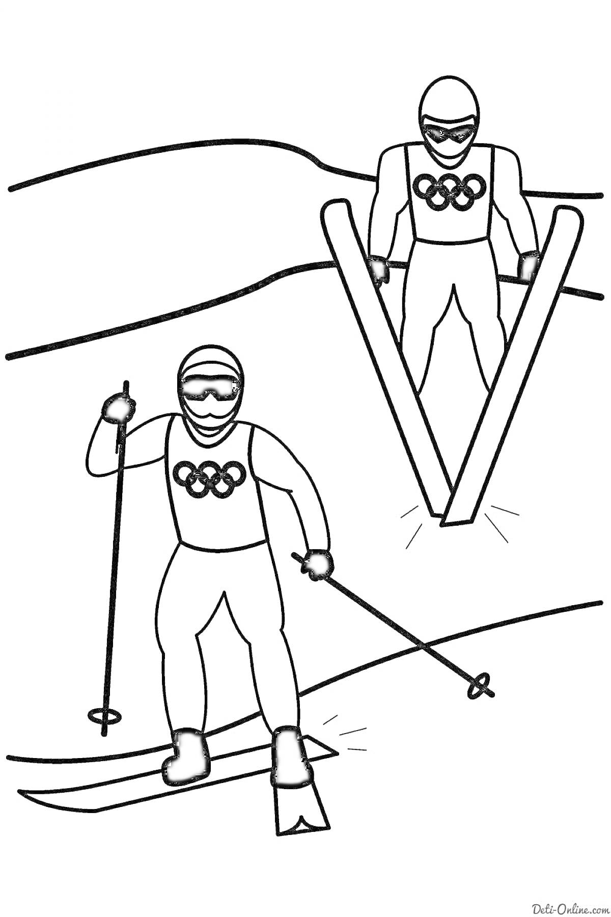 На раскраске изображено: Биатлон, Спорт, Лыжи, Лыжники, Зимние виды спорта, Соревнования, Палки, Ружьё, Олимпийские игры