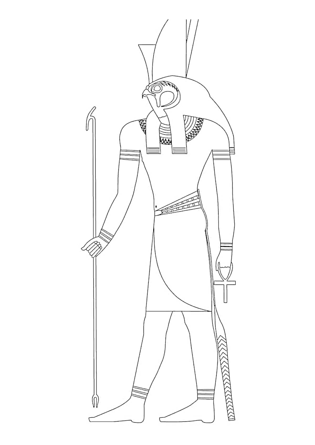 На раскраске изображено: Бог Ра, Анх, Скипетр, Солнечный диск, Древний Египет
