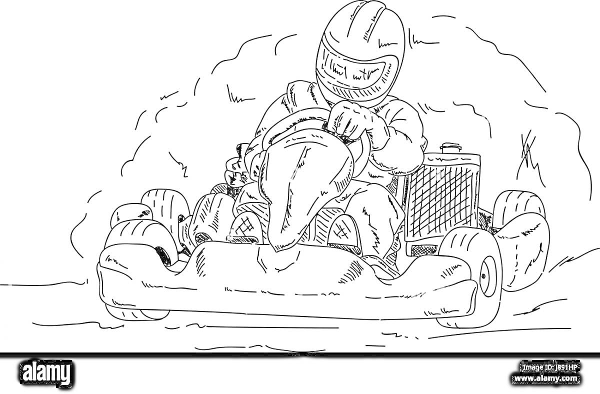 Раскраска Человек в шлеме на картинге с заездом по гоночной трассе