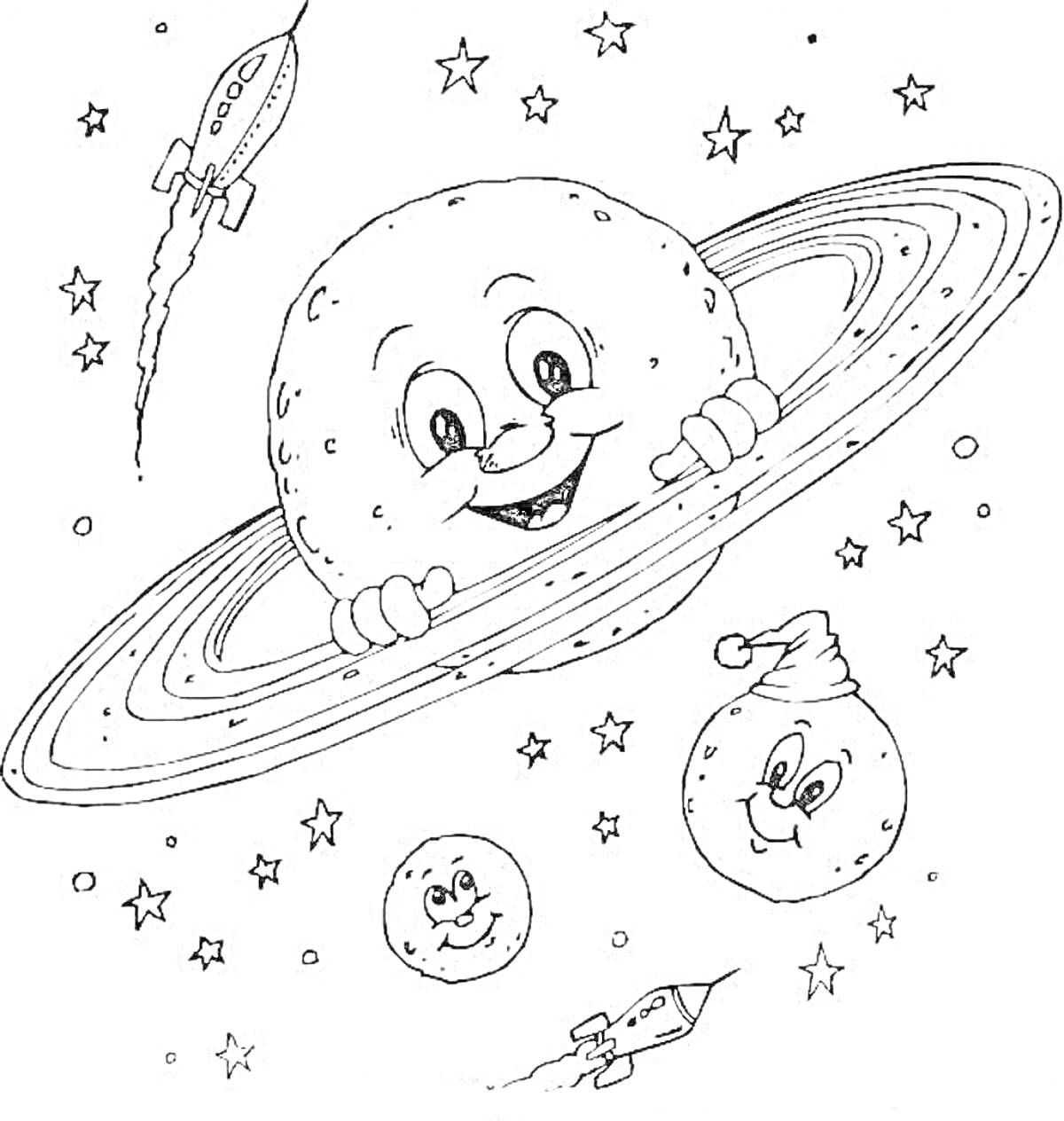На раскраске изображено: Планеты, Сатурн, Звезды, Космос, Солнечная система, Ракета, Кольцо, Лицо
