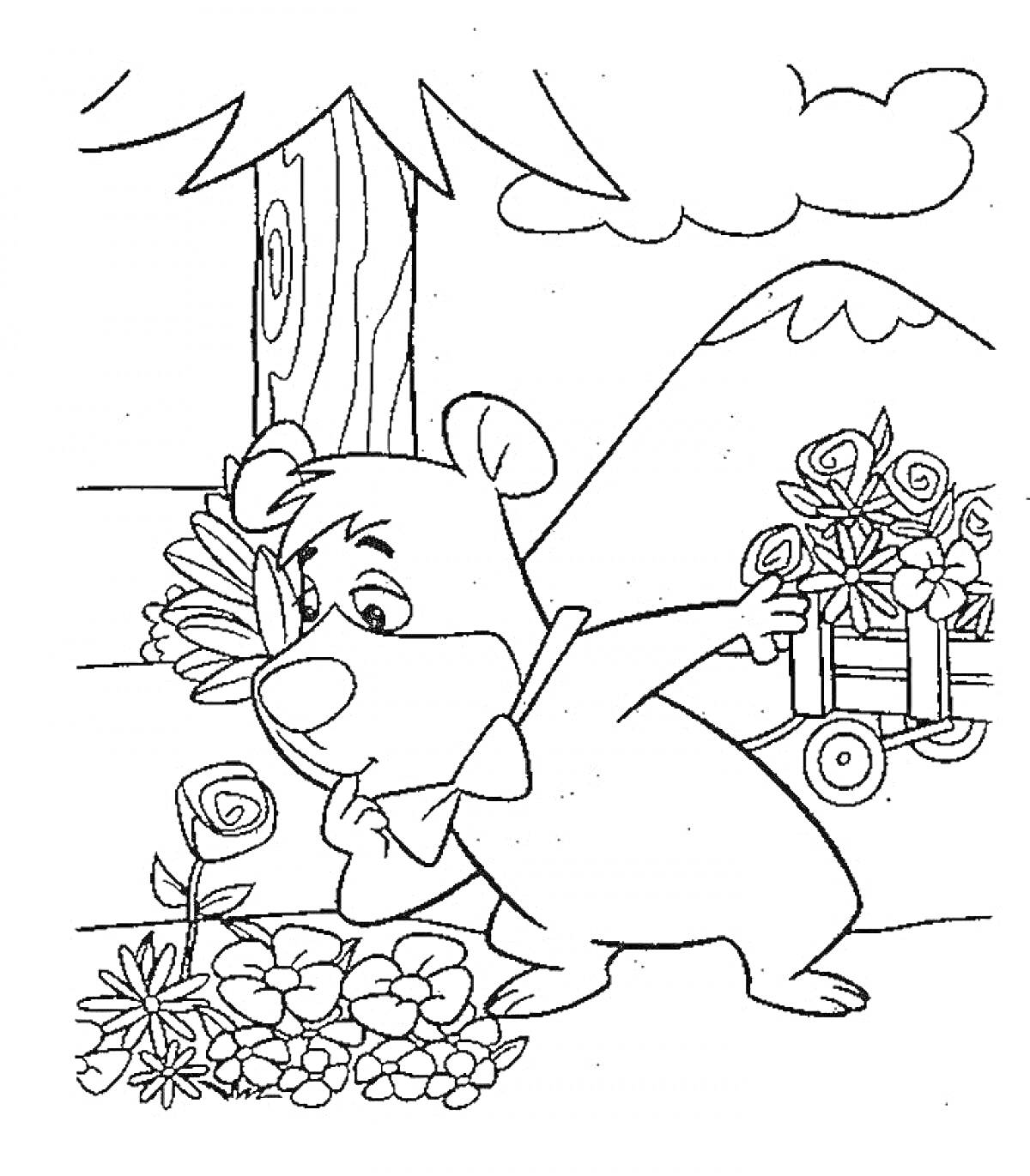 Медведь Йоги с тележкой цветов среди растений на фоне дерева, горы и облака