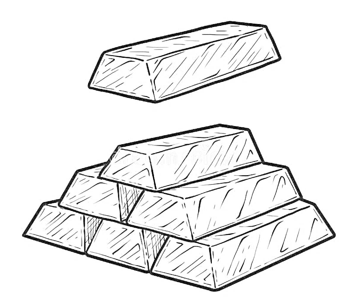 Раскраска Один золотой слиток на верху и стопка из четырех золотых слитков внизу