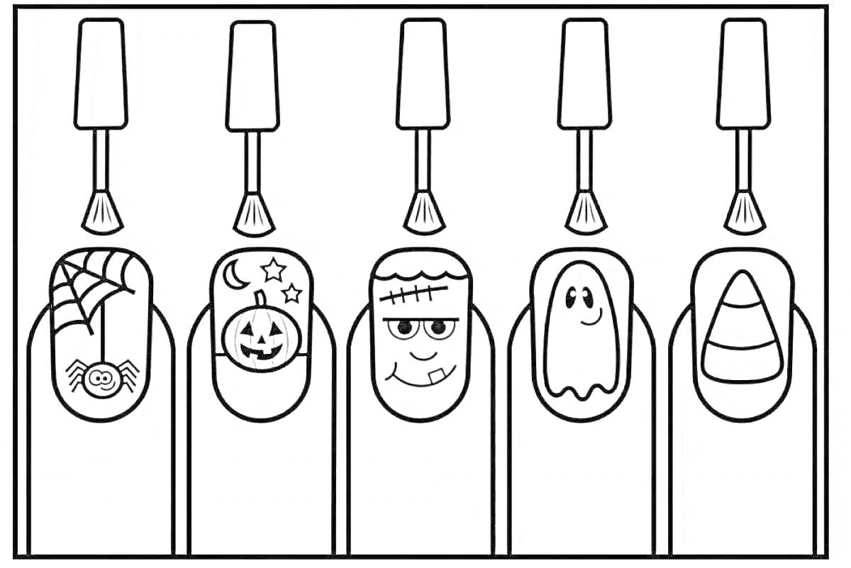 На раскраске изображено: Ногти, Паутина, Тыква, Звезды, Месяц, Призрак, Хэллоуин, Дизайн ногтей