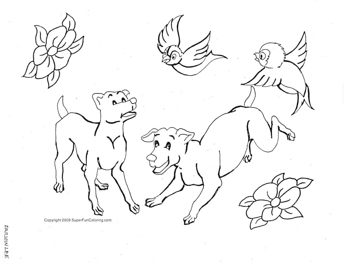 На раскраске изображено: Цветы, Животные, Для детей, Природа