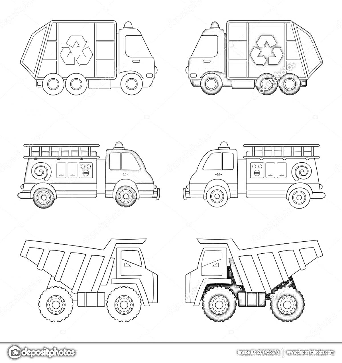 На раскраске изображено: Мусоровоз, Пожарная машина, Самосвал, Для детей, 3 года, 4 года, Транспорт, Переработка